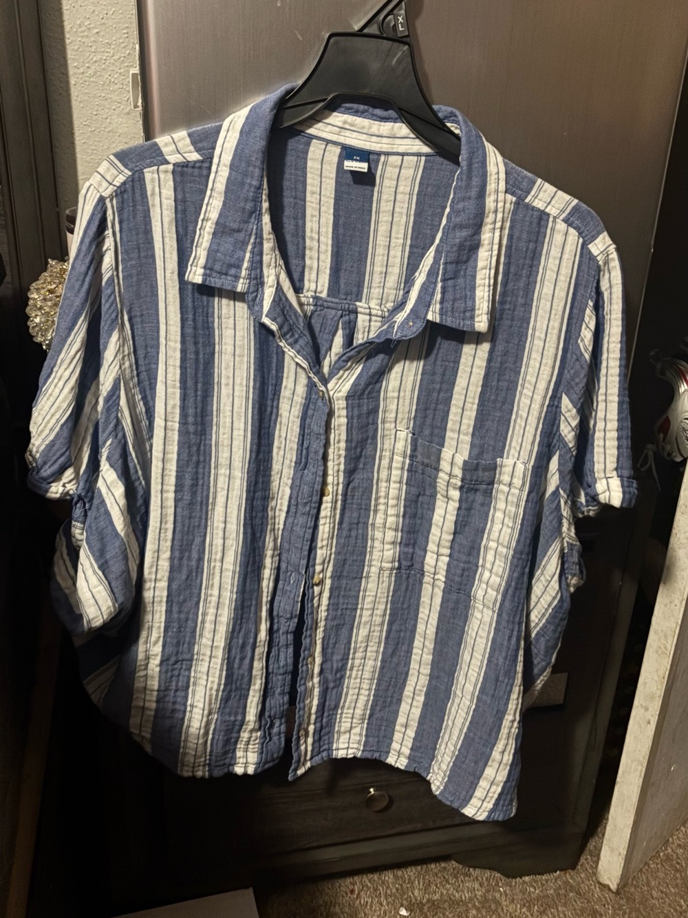 Old Navy Blue and White Vertical Stripe Button-Front Blouse